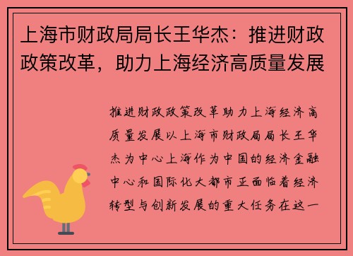 上海市财政局局长王华杰：推进财政政策改革，助力上海经济高质量发展