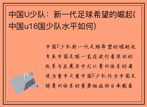 中国U少队：新一代足球希望的崛起(中国u16国少队水平如何)